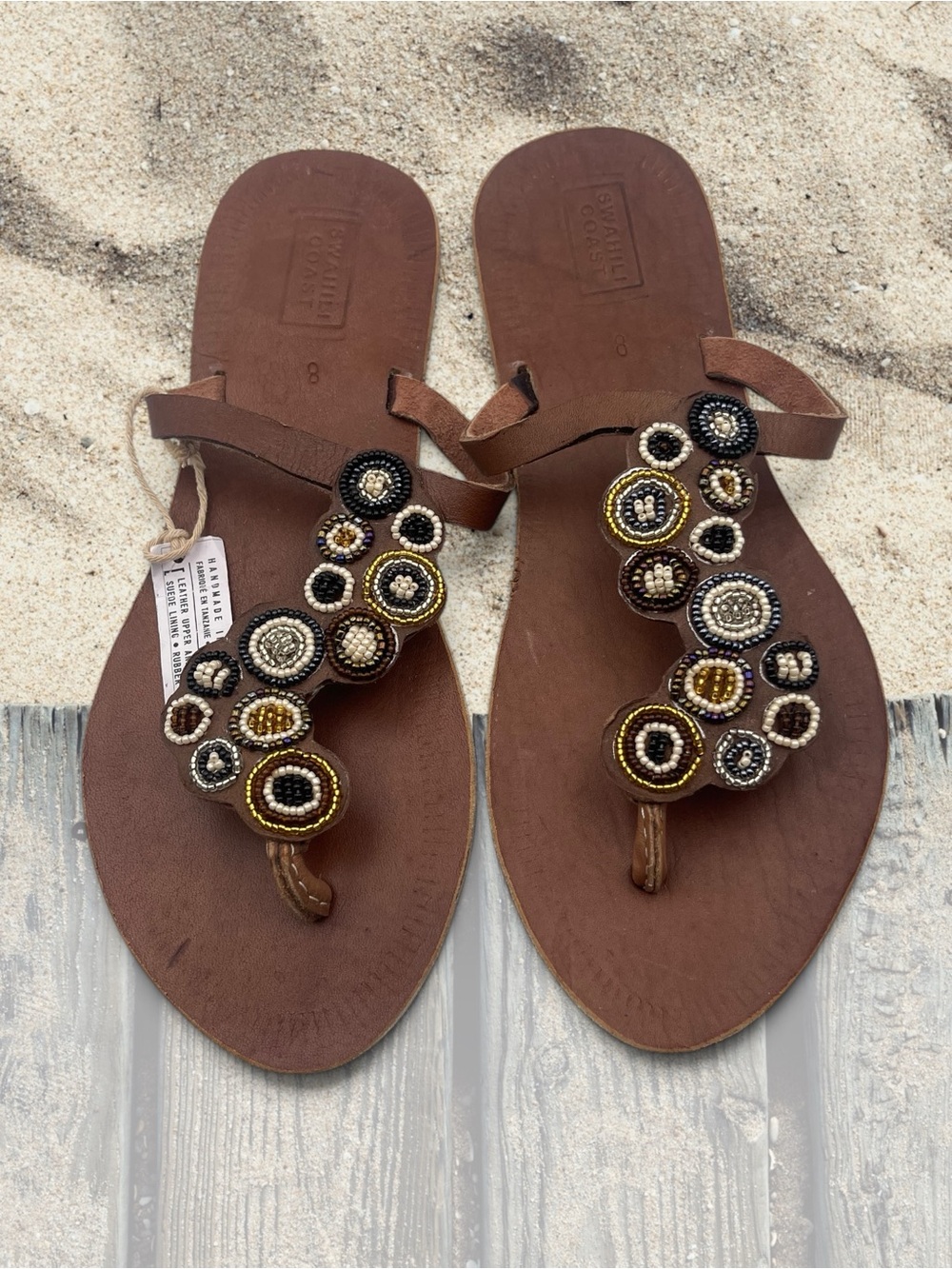 Swahili Coast Bouquet Beaded Leather Sandals Metallics Size 8